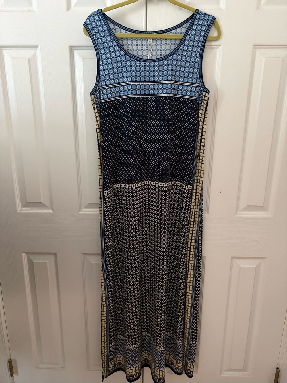 Max studio maxi dress 
Patchwork pattern of blue white and yellow.
